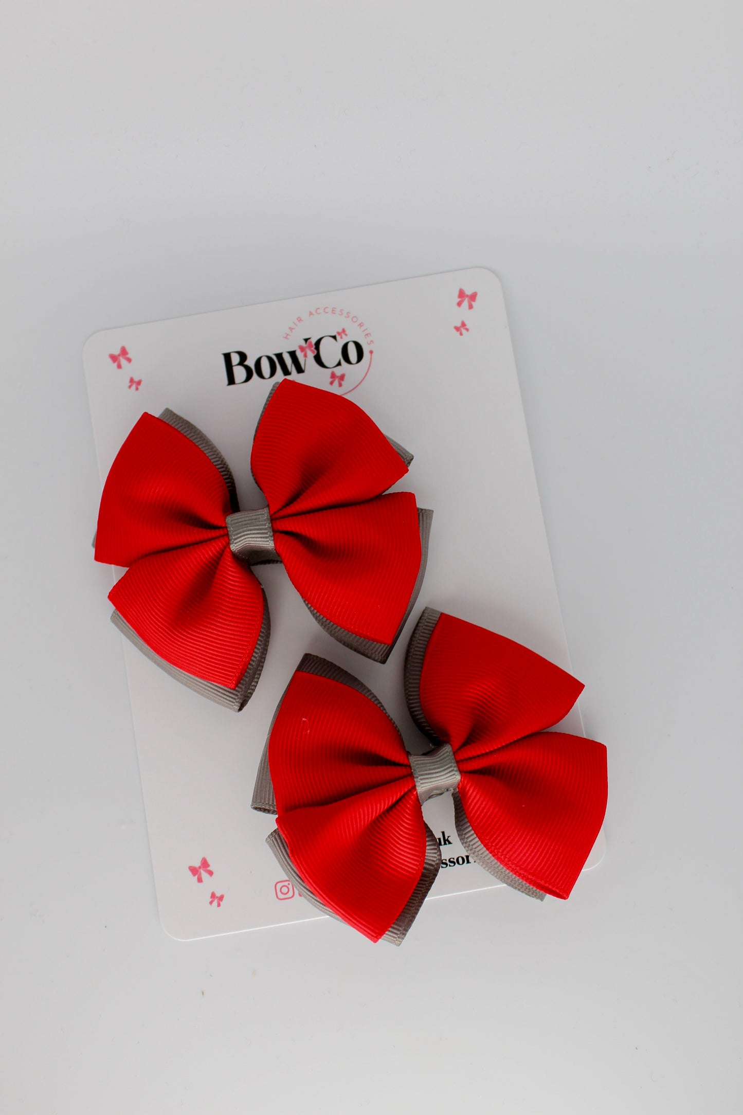 3 Inch Double Layer Bow - Clip - 2 Pack - Red and Metal Grey