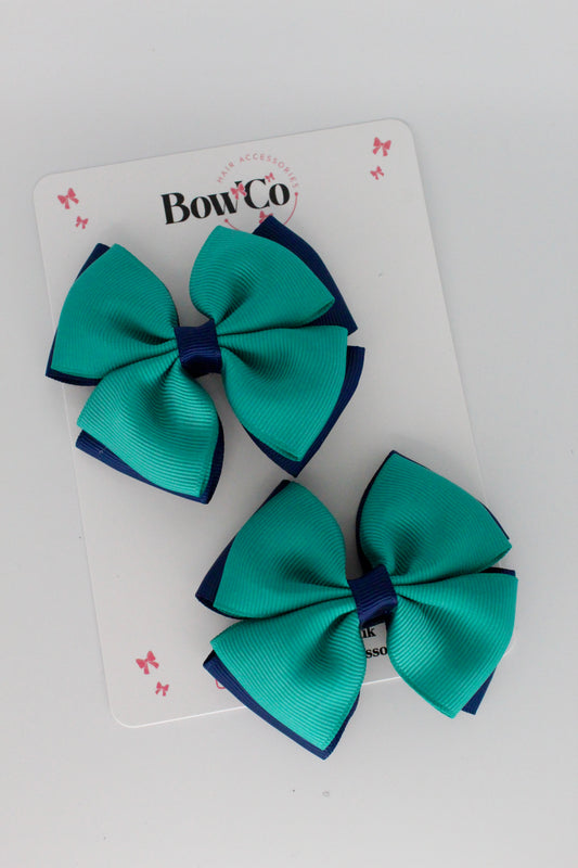3 Inch Double Layer Bow - Clip - 2 Pack - Jade Green and Navy