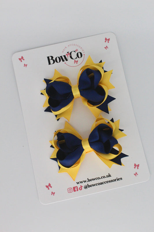 Navy Blue and Yellow Gold Loopy Stacked Bow - 2 Pack