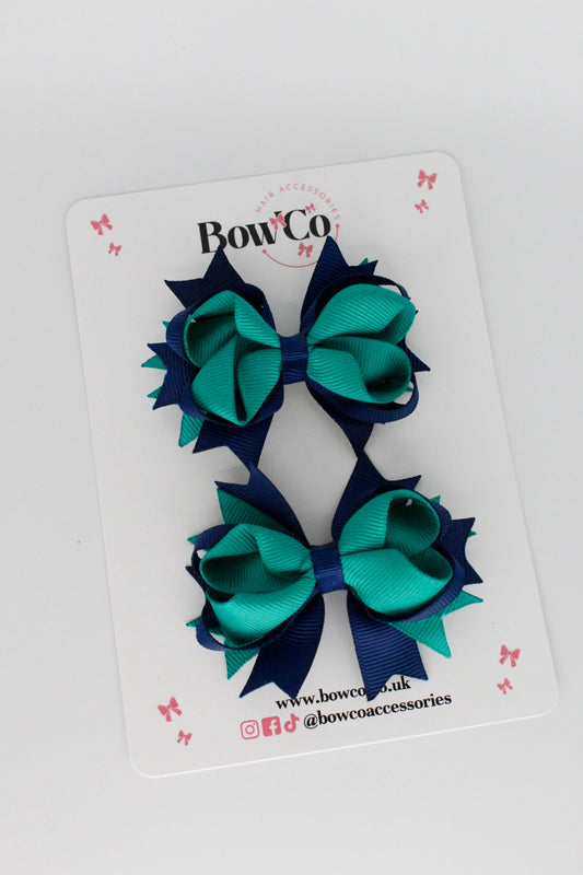 Jade Green and Navy Loopy Stacked Bow Set - 2 Pack