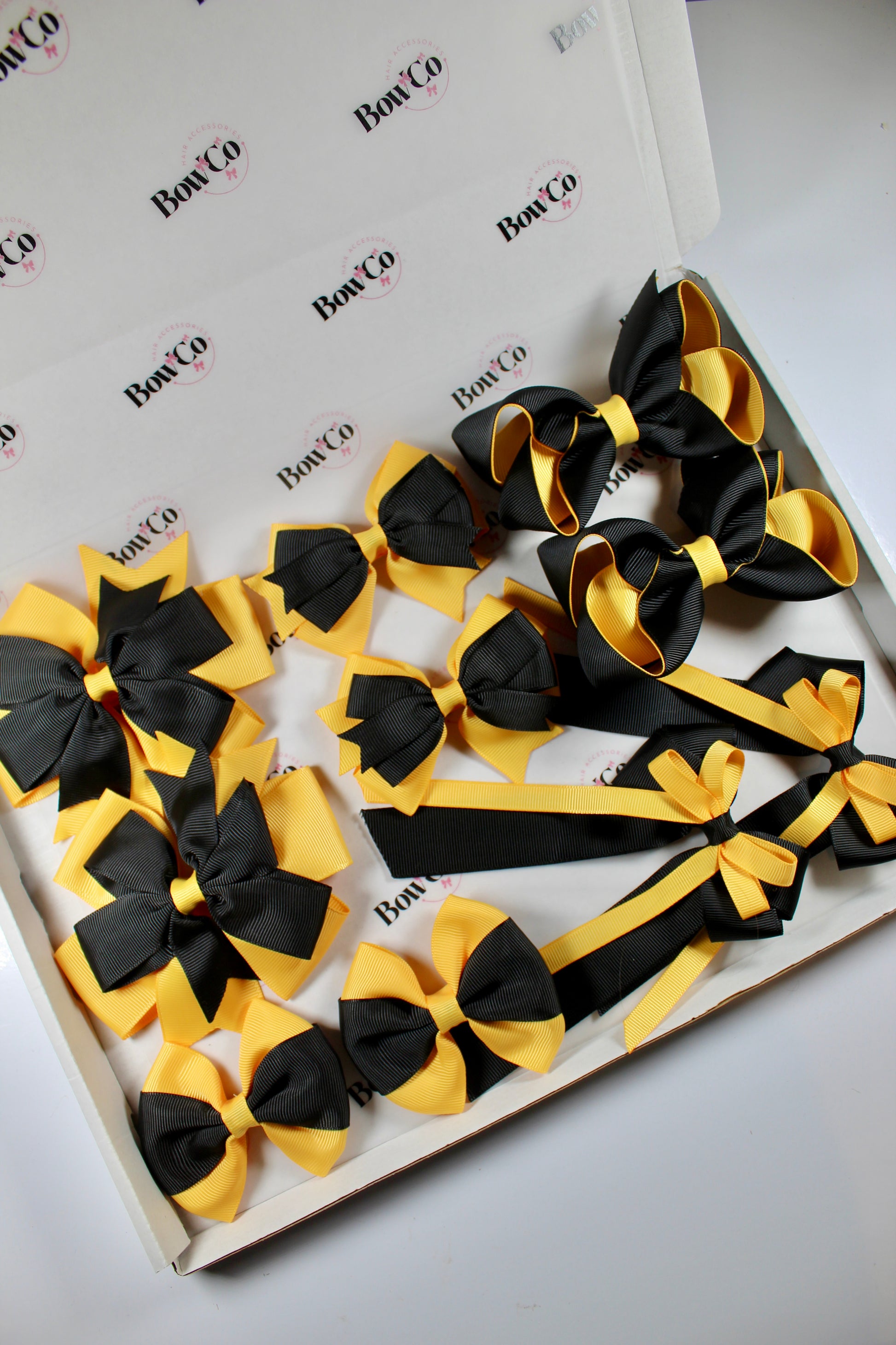 School Bundle 10 Bows - 5 Matching Pairs - Black and Yellow Gold