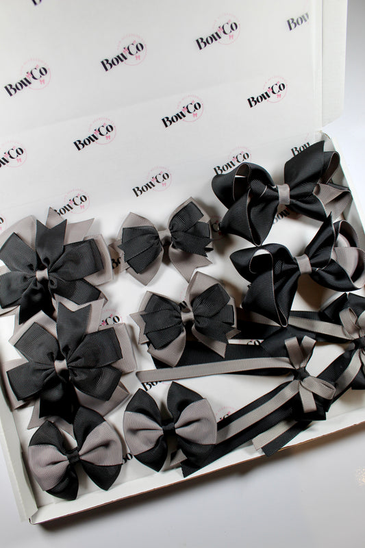 School Bundle 10 Bows - 5 Matching Pairs - Black and Grey