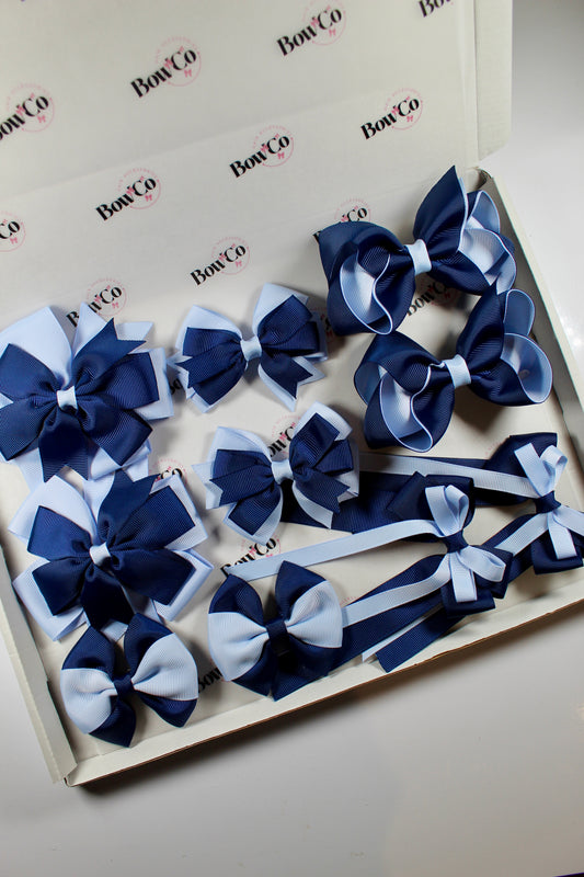 School Bundle 10 Bows - 5 Matching Pairs - Navy and Bluebell