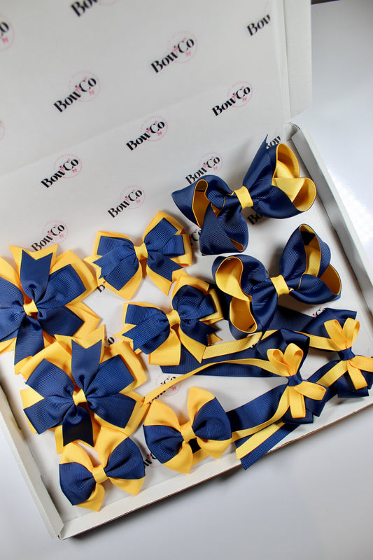 School Bundle 10 Bows - 5 Matching Pairs - Navy and Yellow Gold