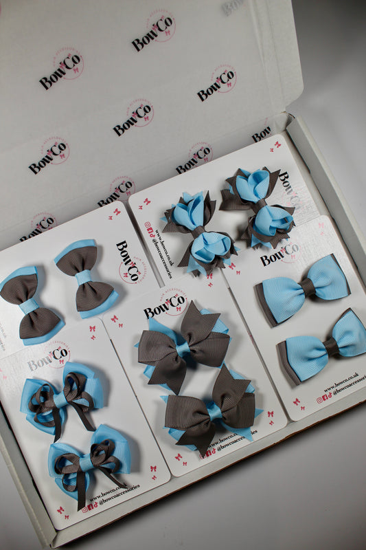 School Bundle 10 Bows - 5 Matching Pairs - Blue Topaz and Grey