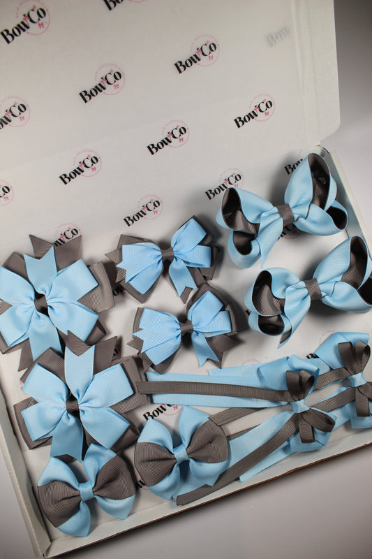 School Bundle 10 Bows - 5 Matching Pairs - Blue Topaz and Grey