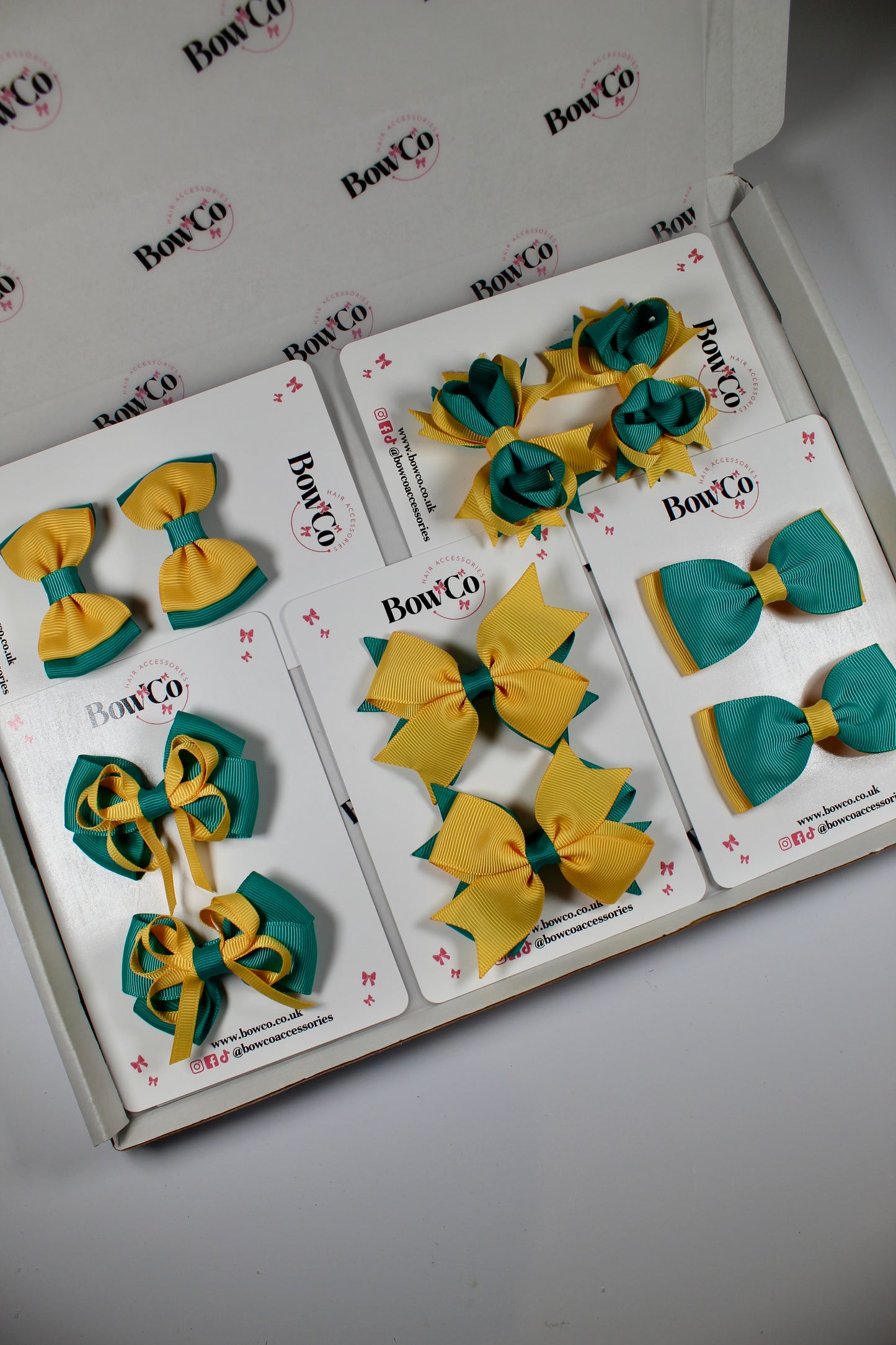 School Bundle 10 Bows - 5 Matching Pairs - Jade Green and Yellow Gold