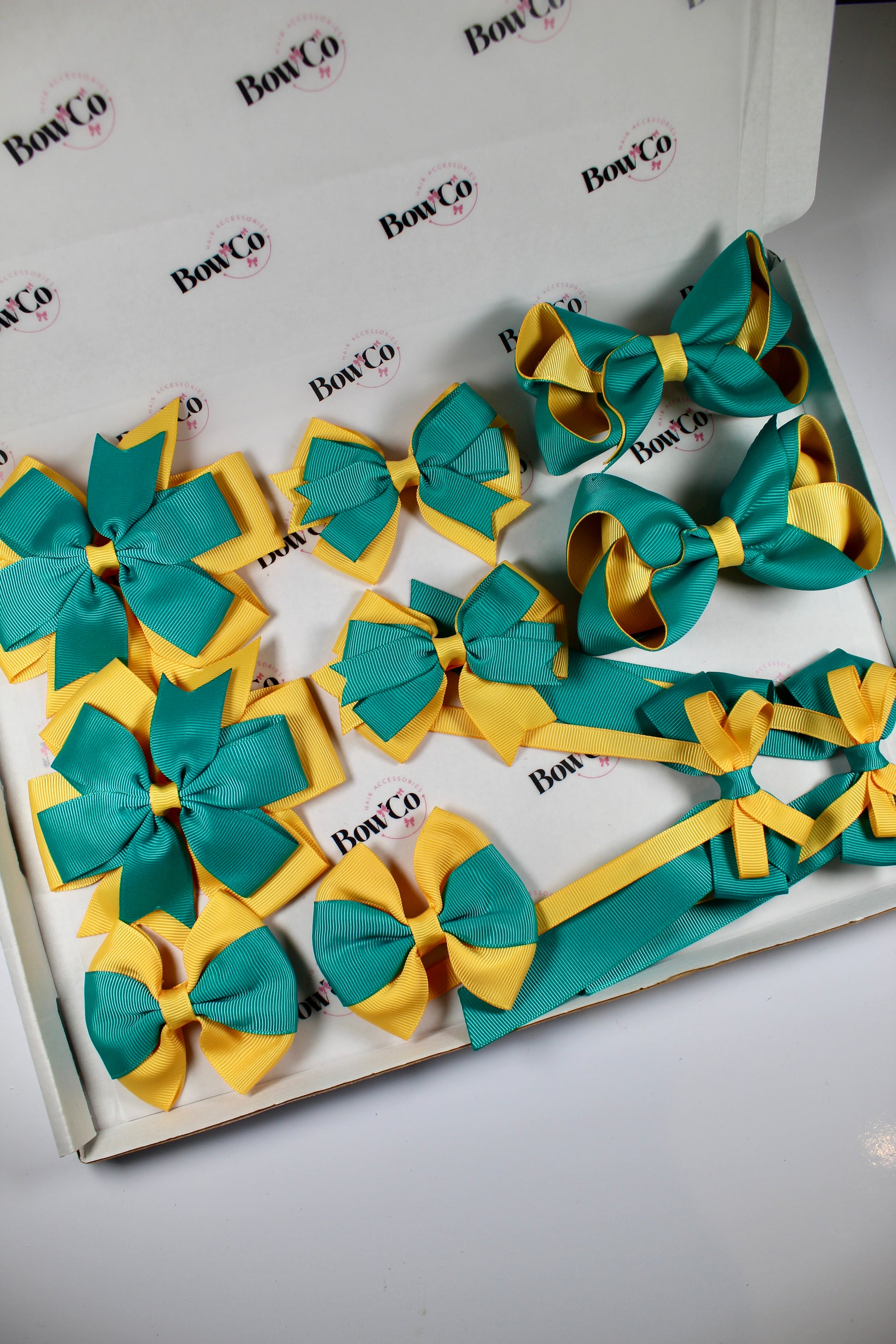 School Bundle 10 Bows - 5 Matching Pairs - Jade Green and Yellow Gold