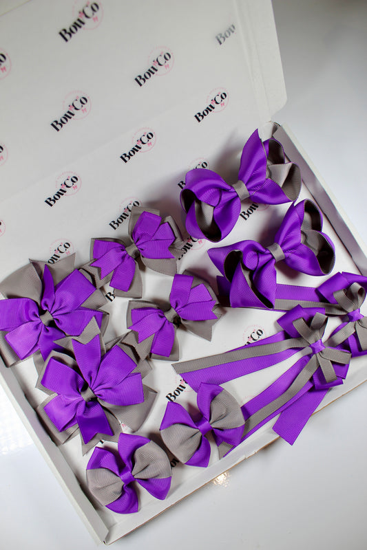 School Bundle 10 Bows - 5 Matching Pairs - Purple and Grey