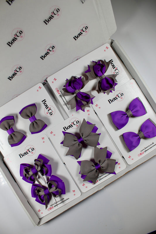 School Bundle 10 Bows - 5 Matching Pairs - Purple and Grey