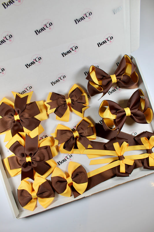 School Bundle 10 Bows - 5 Matching Pairs - Brown and Yellow Gold