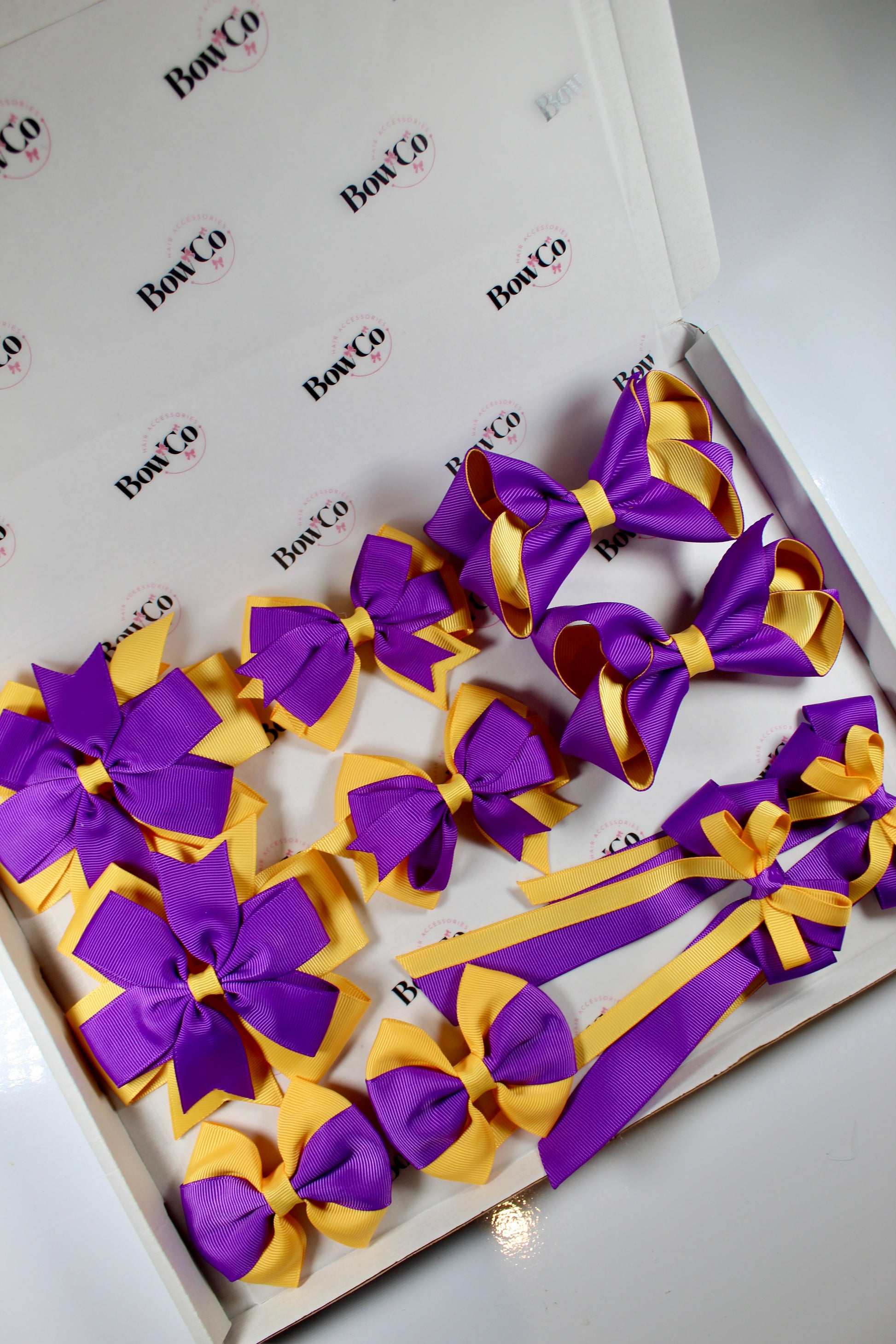 School Bundle 10 Bows - 5 Matching Pairs - Purple and Yellow Gold