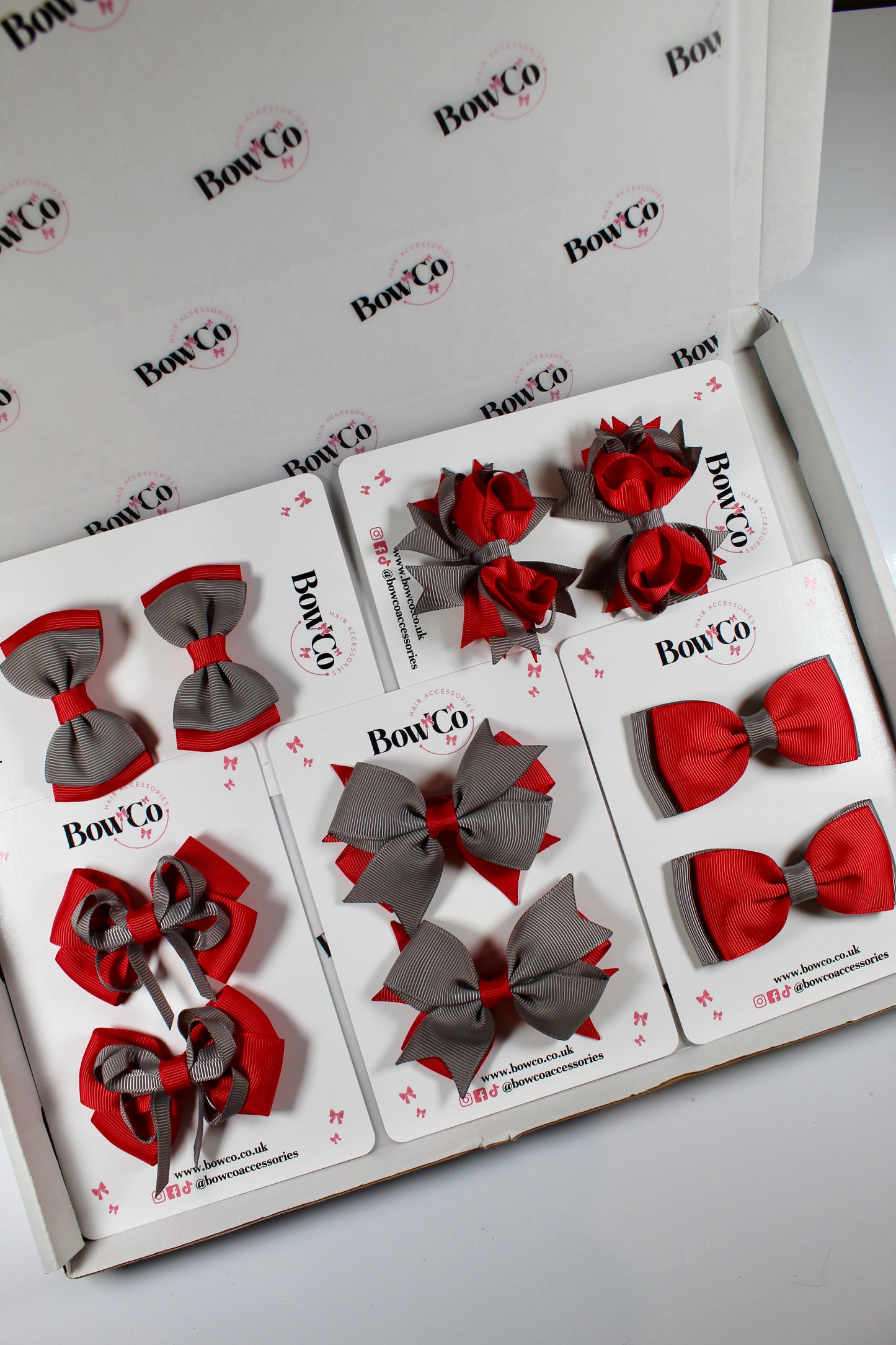 School Bundle 10 Bows - 5 Matching Pairs - Red and Grey