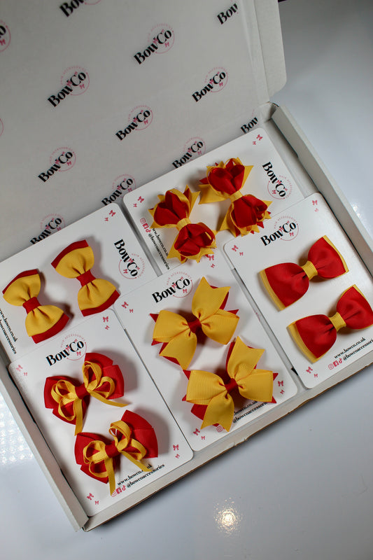 School Bundle - 10 Bows - 5 Matching Pairs - Red and Yellow Gold