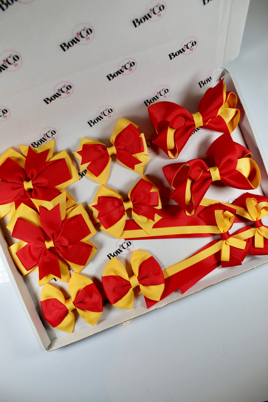School Bundle 10 Bows - 5 Matching Pairs - Red and Yellow Gold