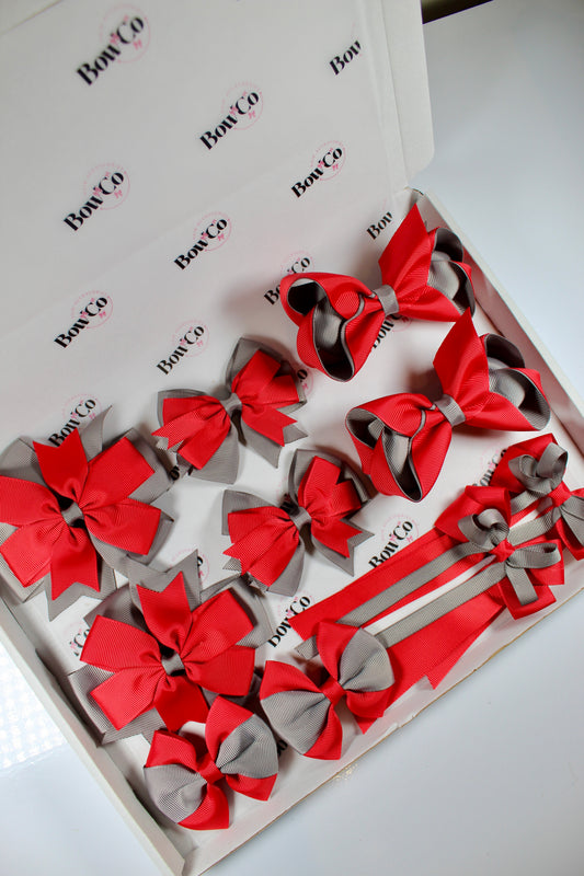 School Bundle 10 Bows - 5 Matching Pairs - Red and Grey