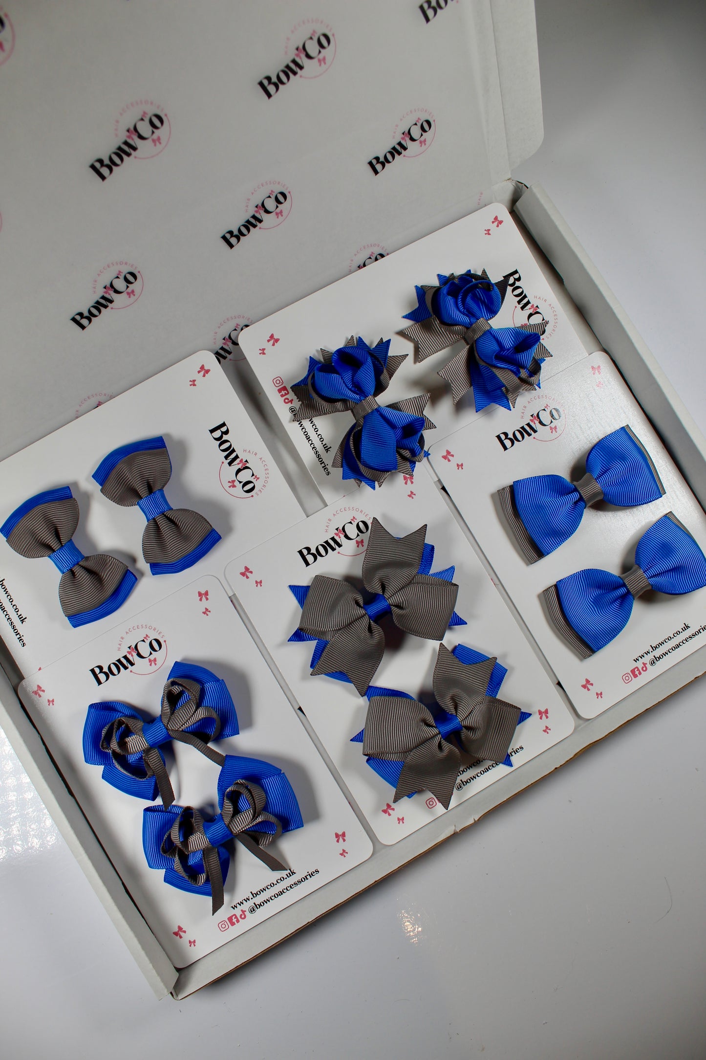 School Bundle 10 Bows - 5 Matching Pairs - Royal Blue and Grey