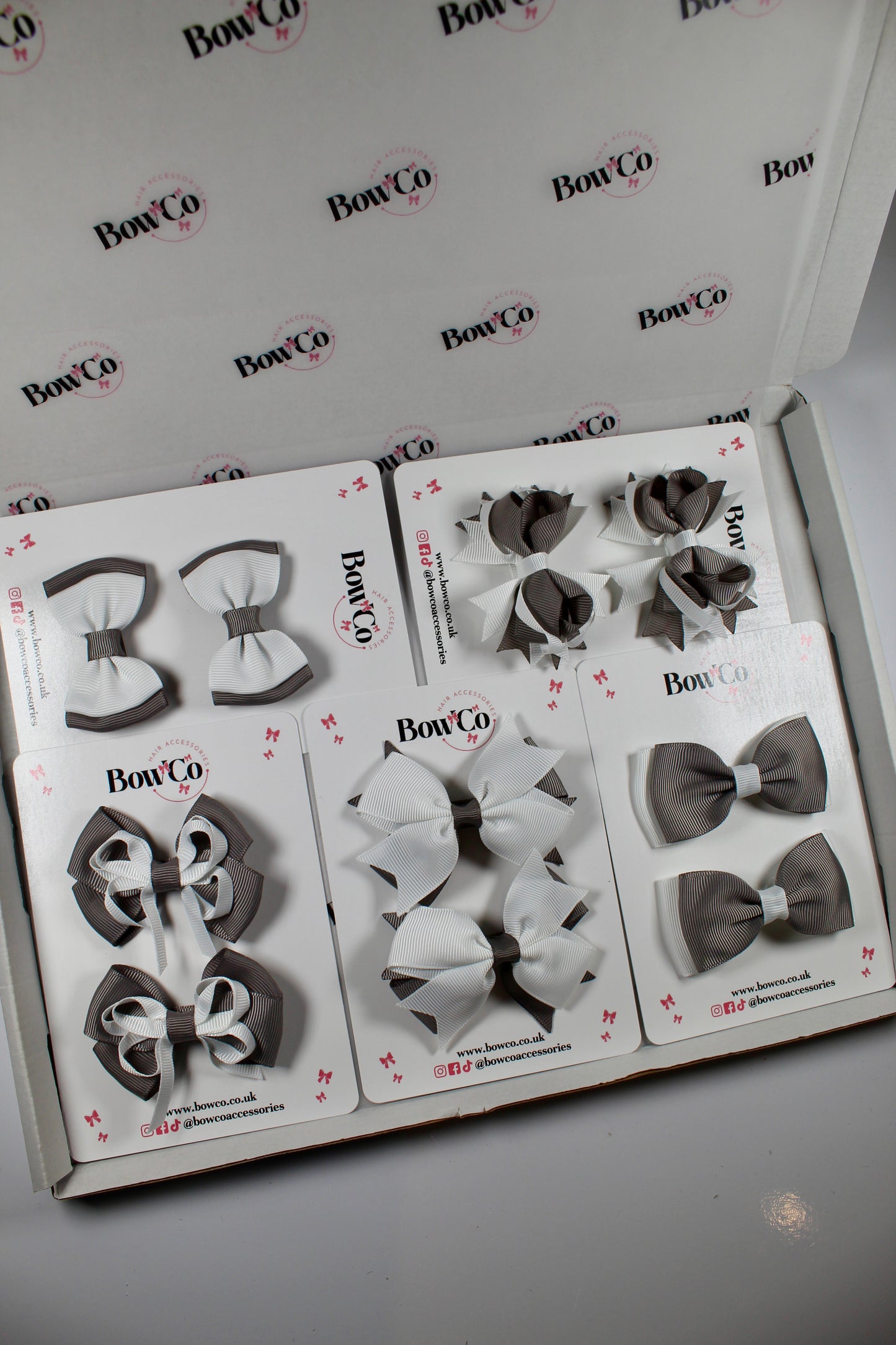 School Bundle 10 Bows - 5 Matching Pairs - Metal Grey and White