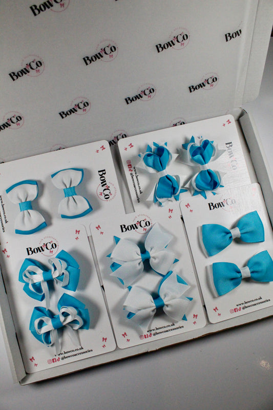 School Bundle 10 Bows - 5 Matching Pairs - Turquoise and White