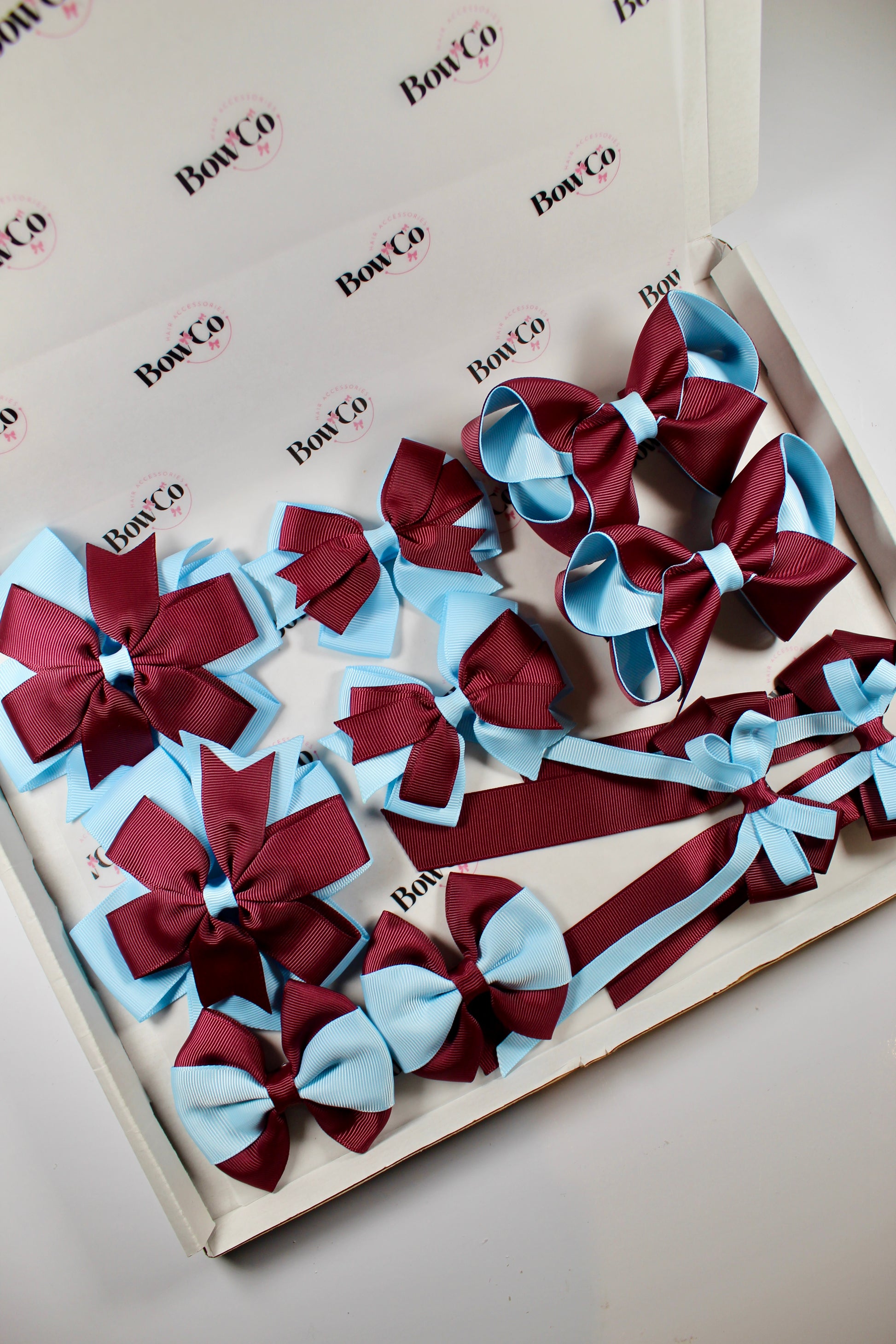 School Bundle 10 Bows - 5 Matching Pairs - Burgundy and Blue Topaz