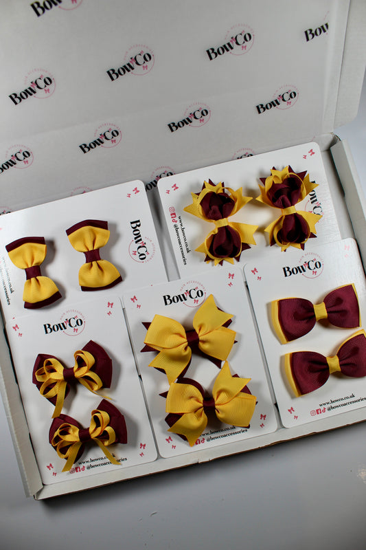 School Bundle 10 Bows - 5 Matching Pairs - Burgundy and Yellow Gold