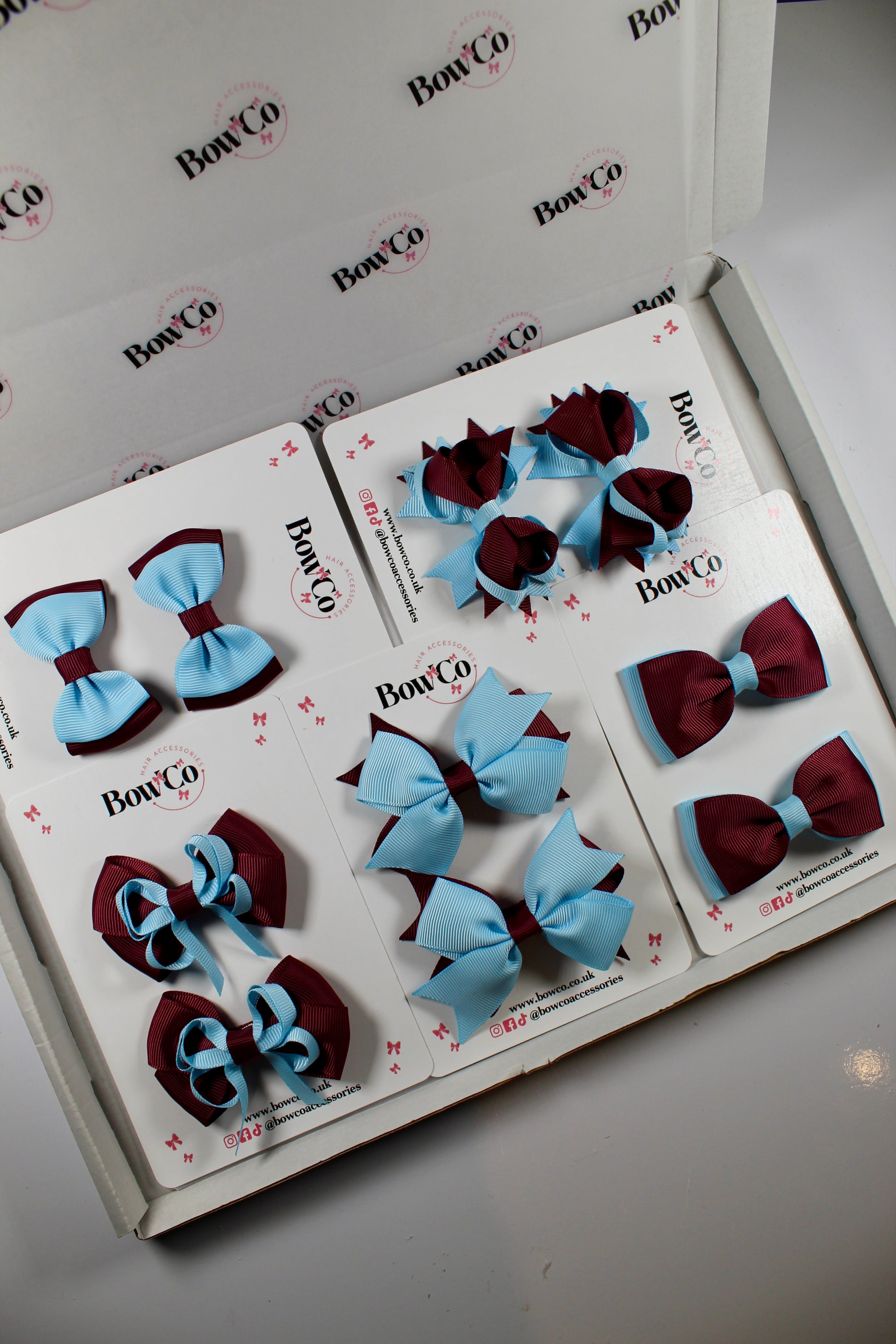 School Bundle 10 Bows - 5 Matching Pairs - Burgundy and Blue Topaz