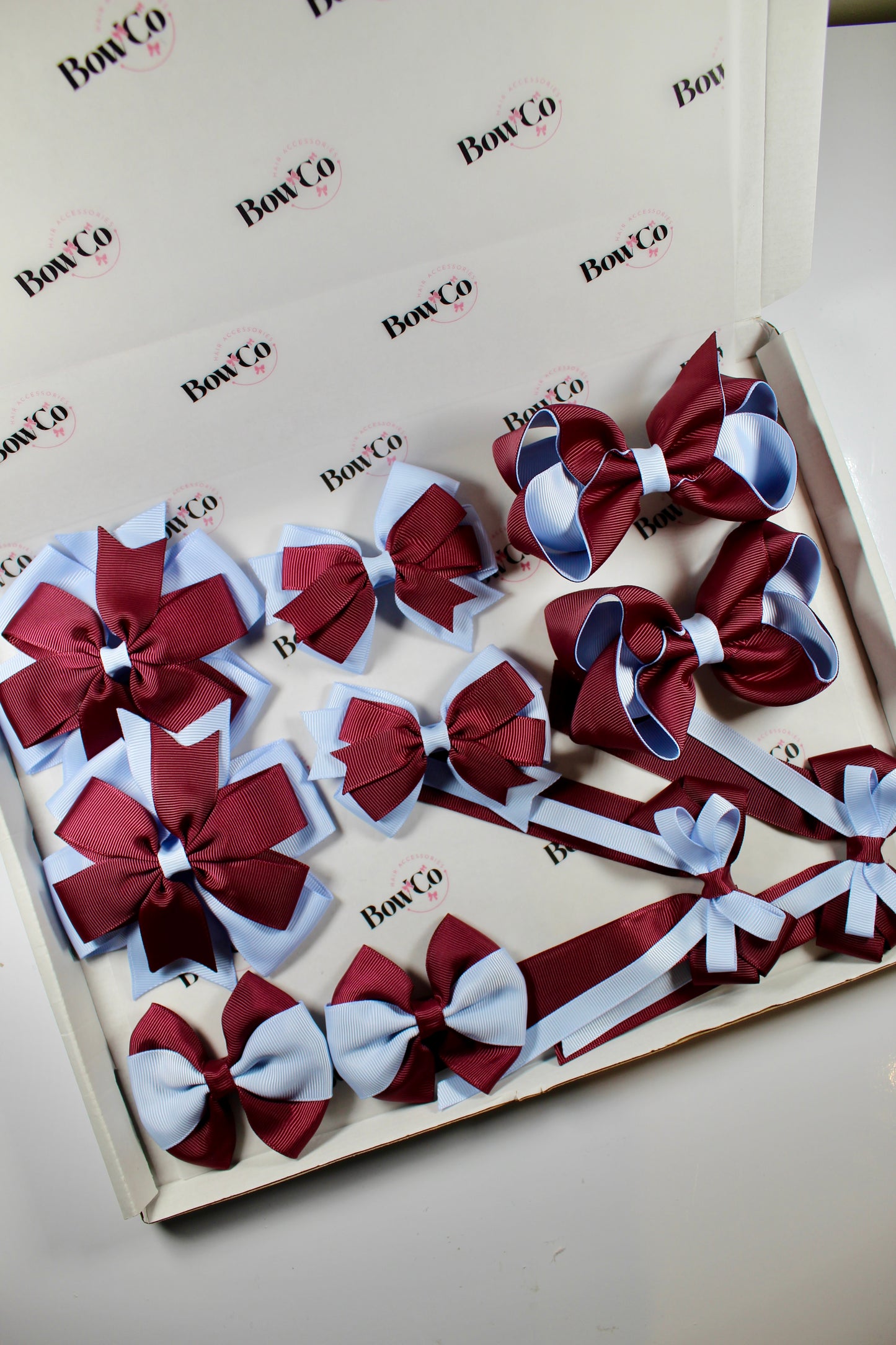 School Bundle 10 Bows - 5 Matching Pairs - Burgundy and Bluebell