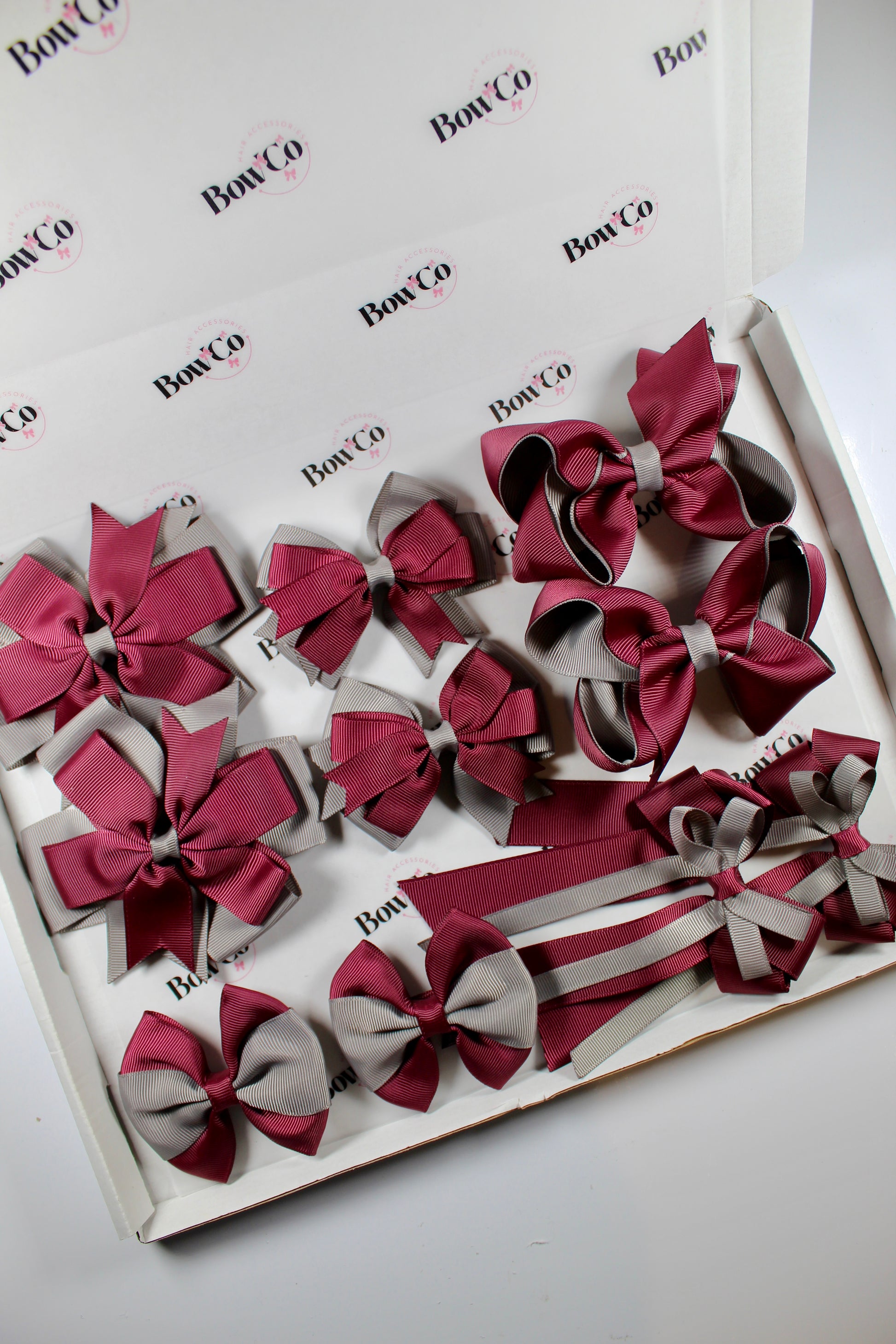 School Bundle 10 Bows - 5 Matching Pairs - Burgundy and Metal Grey