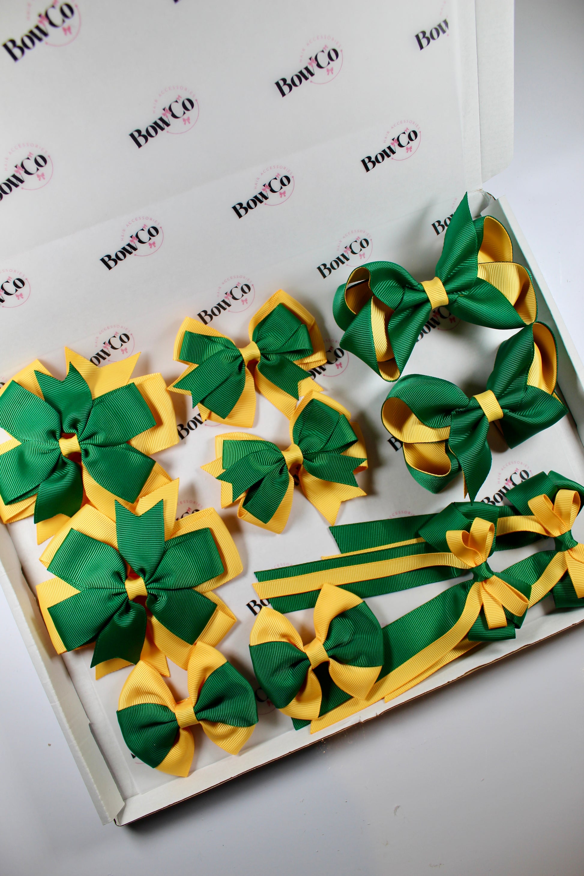 School Bundle 10 Bows - 5 Matching Pairs - Green and Yellow Gold