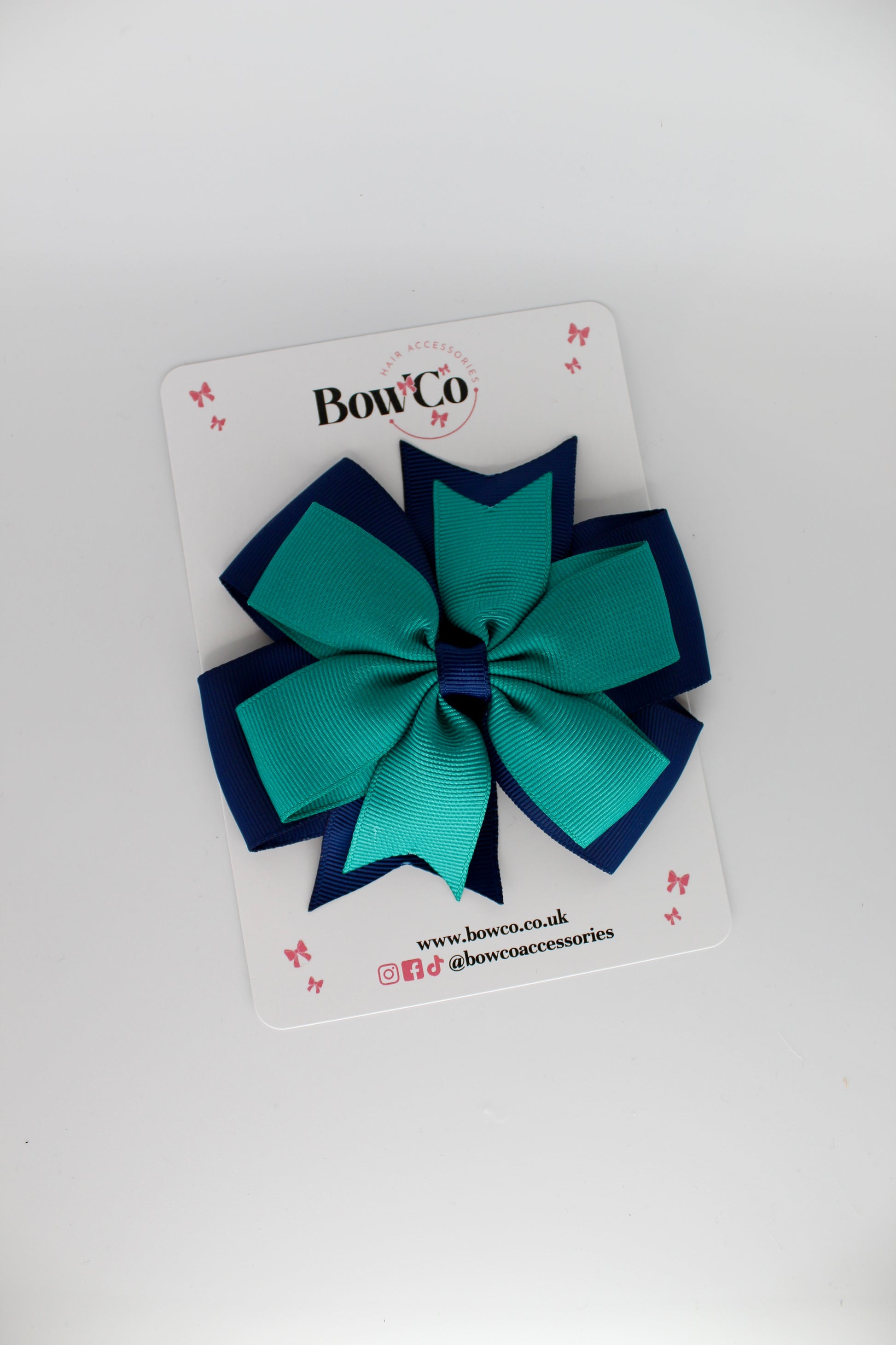 4.5 Inch Pinwheel Bow Clip - Jade Green and Navy