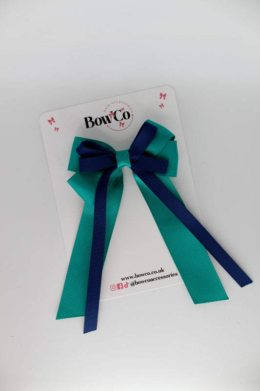 4 Inch Loop Bow Clip PonyTail - Jade Green and Navy