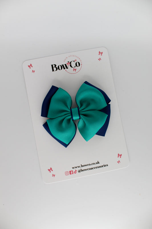 3 Inch Layer Edge Bow - Clip - Jade Green and Navy