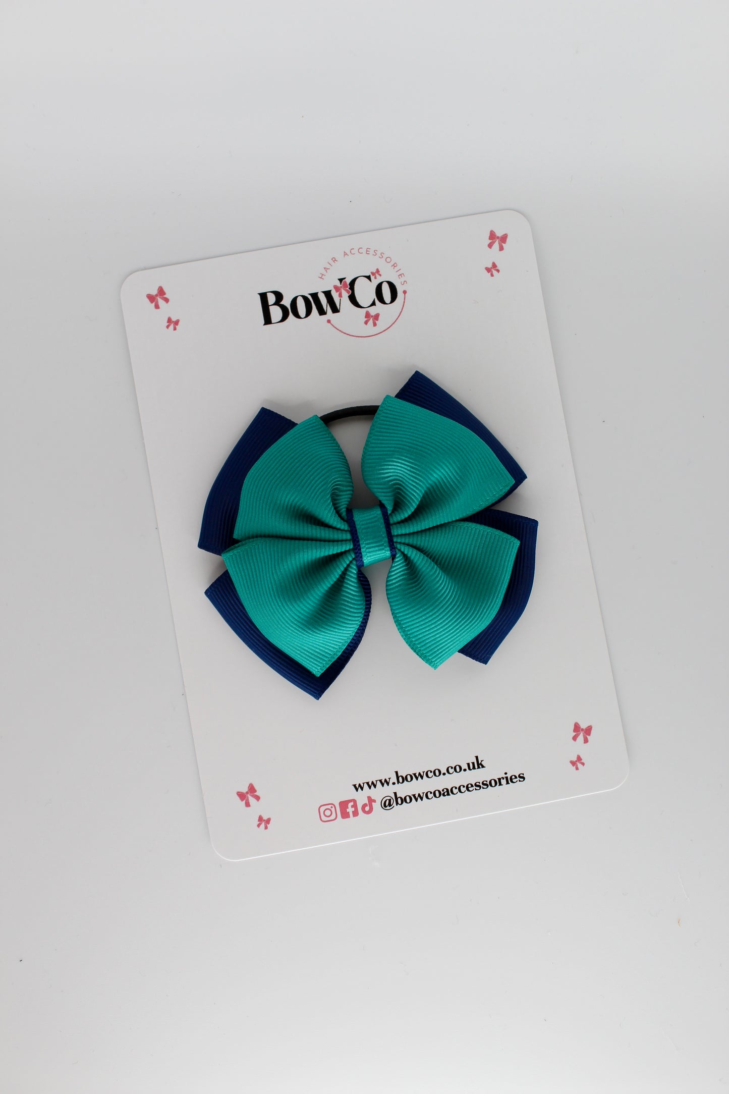 3 Inch Layer Edge Bow - Elastic Bobble - Jade Green and Navy Blue