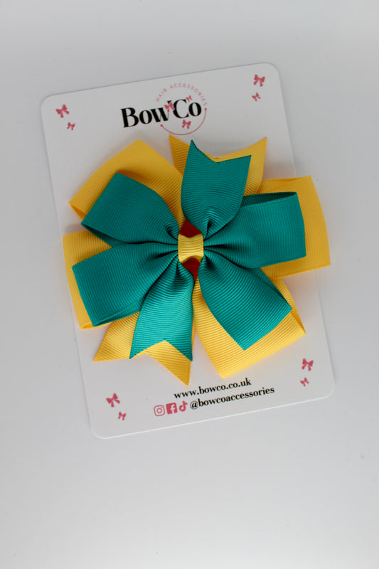 4.5 Inch Pinwheel Bow Clip - Jade Green and Yellow Gold