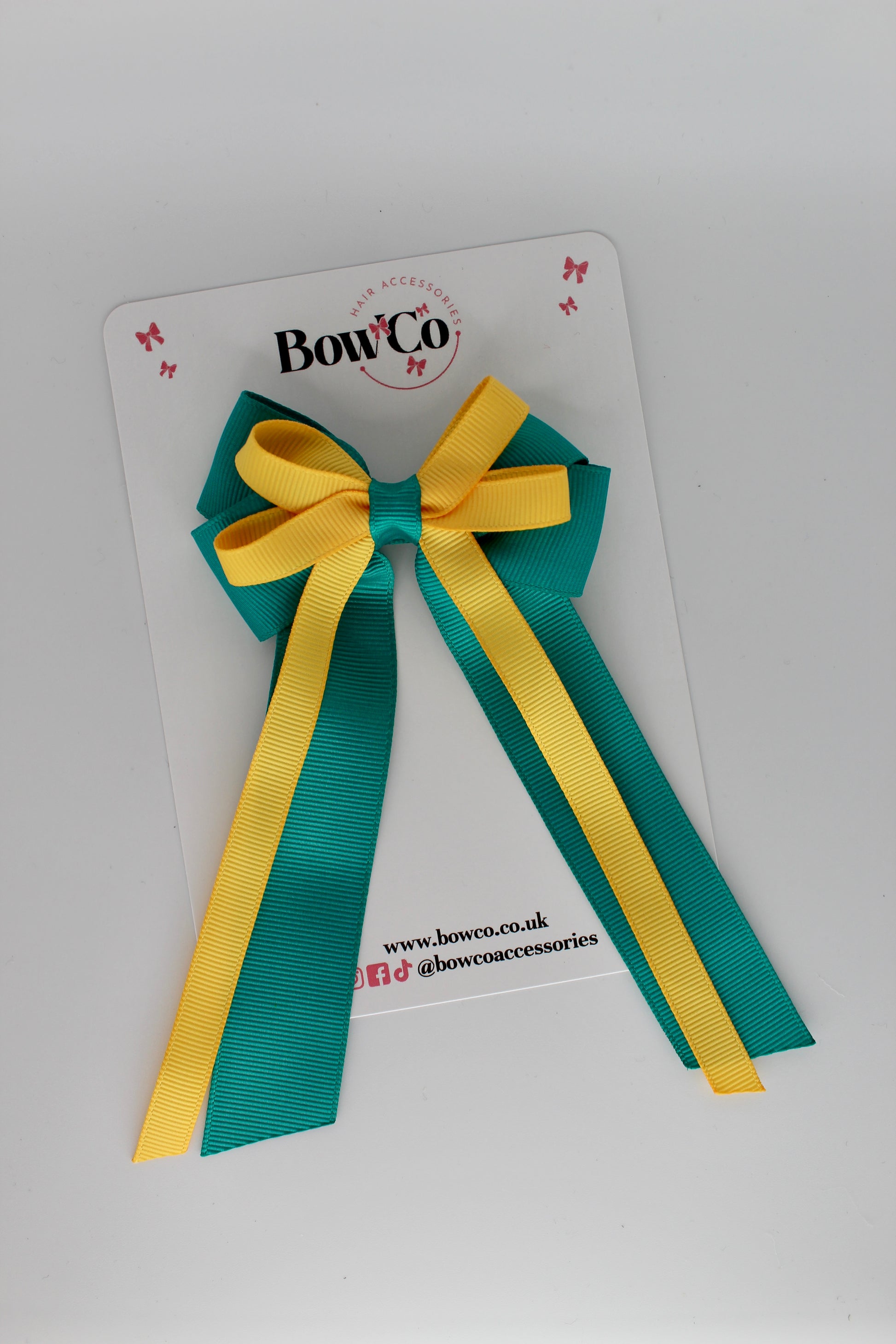 4 Inch Loop Bow Clip PonyTail - Jade Green and Yellow Gold