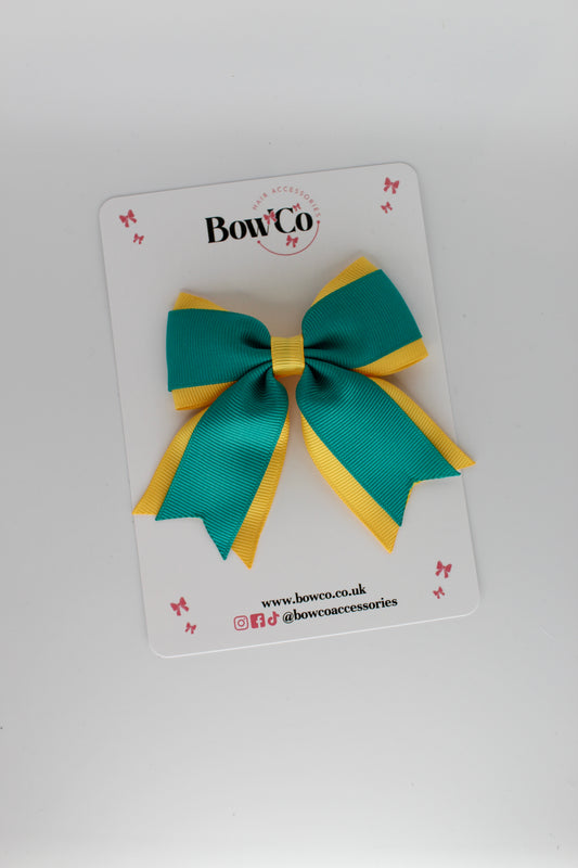 3 Inch Tail Bow Clip - Jade Green and Yellow Gold