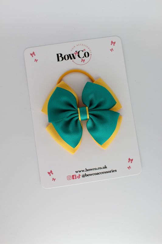 3 Inch Layer Edge Bow - Elastic Band - Jade Green and Yellow Gold