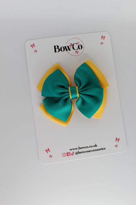 3 Inch Layer Edge Bow - Clip - Jade Green and Yellow Gold