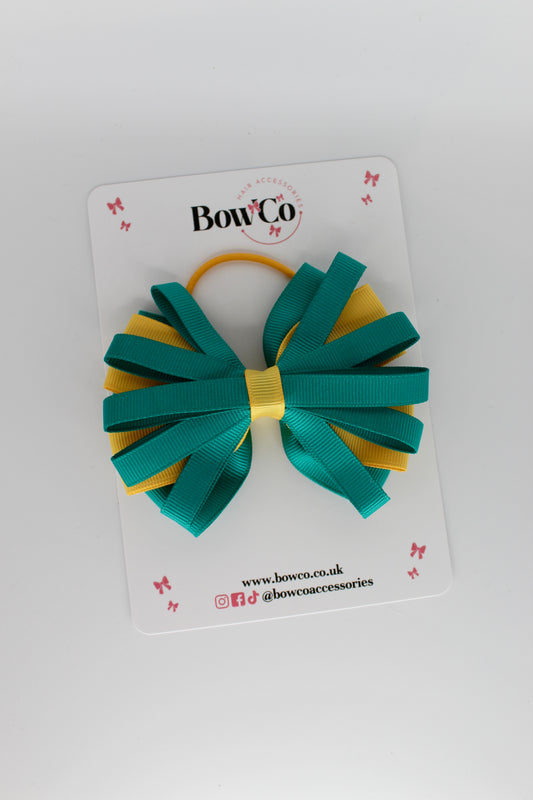 4 Inch Spiral Bow - Elastic Bobble - Jade Green and Yellow Gold