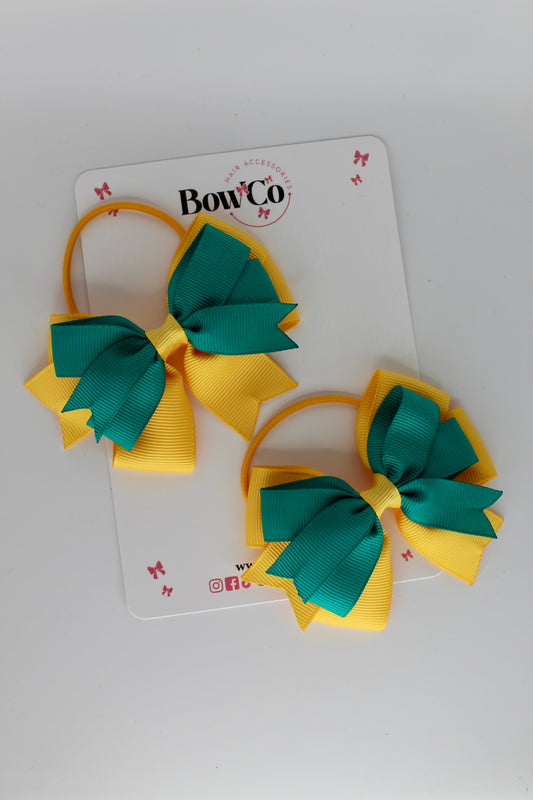 3 Inch Double Tail Bow - Elastic - 2 Pack - Jade Green and Yellow Gold