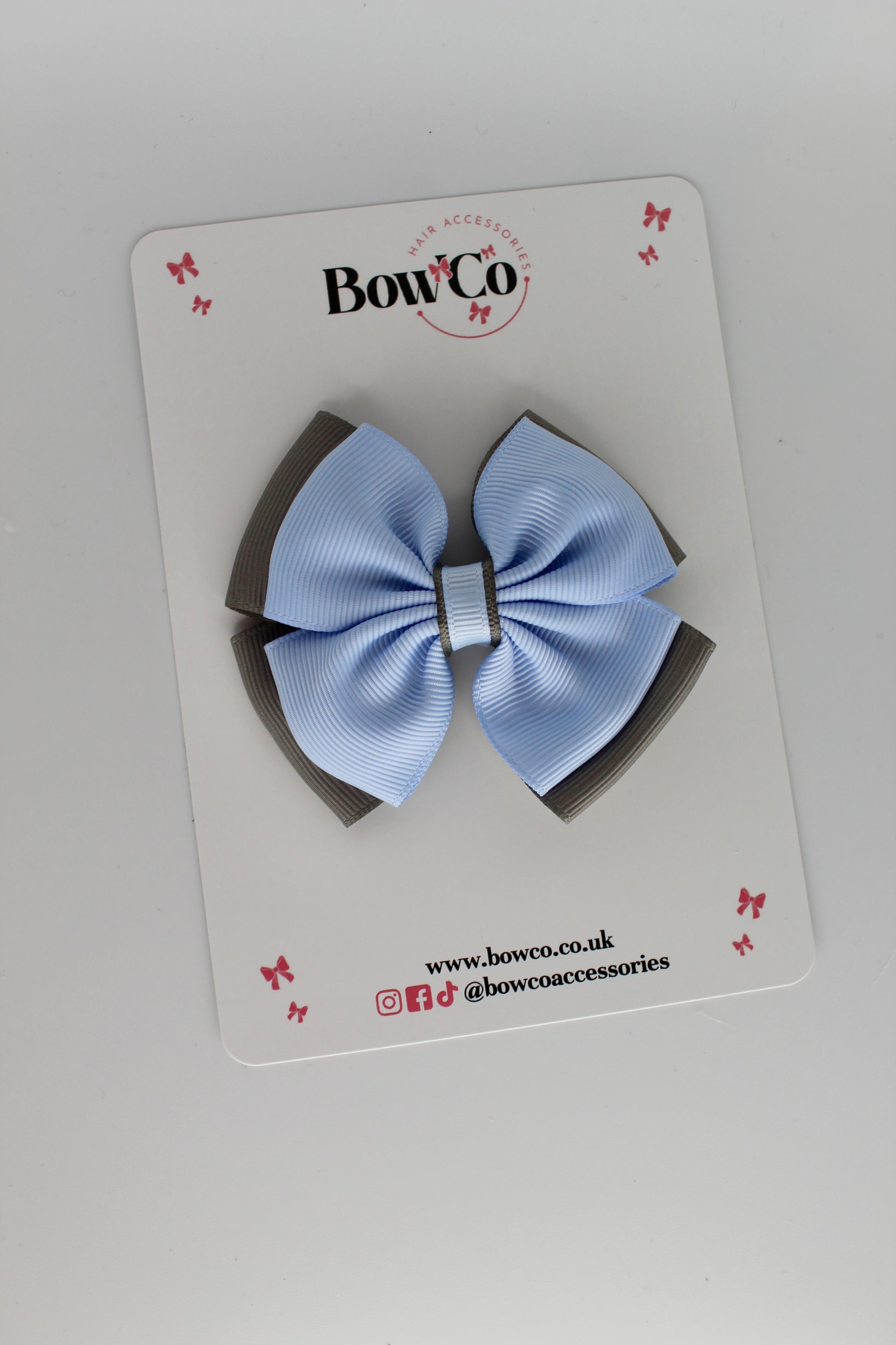 3 Inch Layer Edge Bow - Clip - Bluebell and Metal Grey