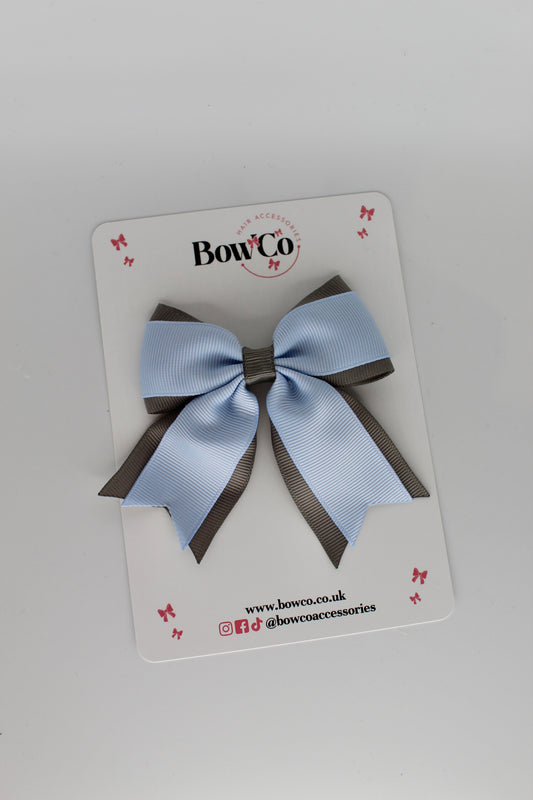 3 Inch Tail Bow Clip - Bluebell and Metal Grey