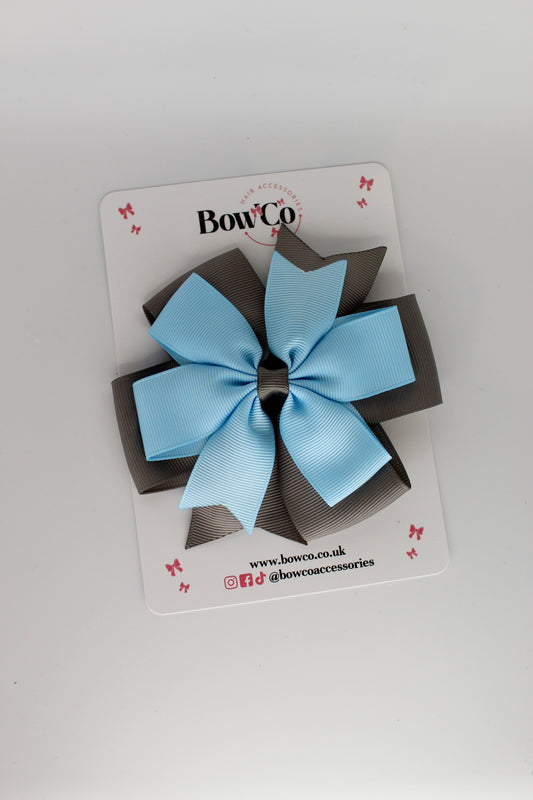 4.5 Inch Pinwheel Bow Clip - Blue Topaz and Metal Grey