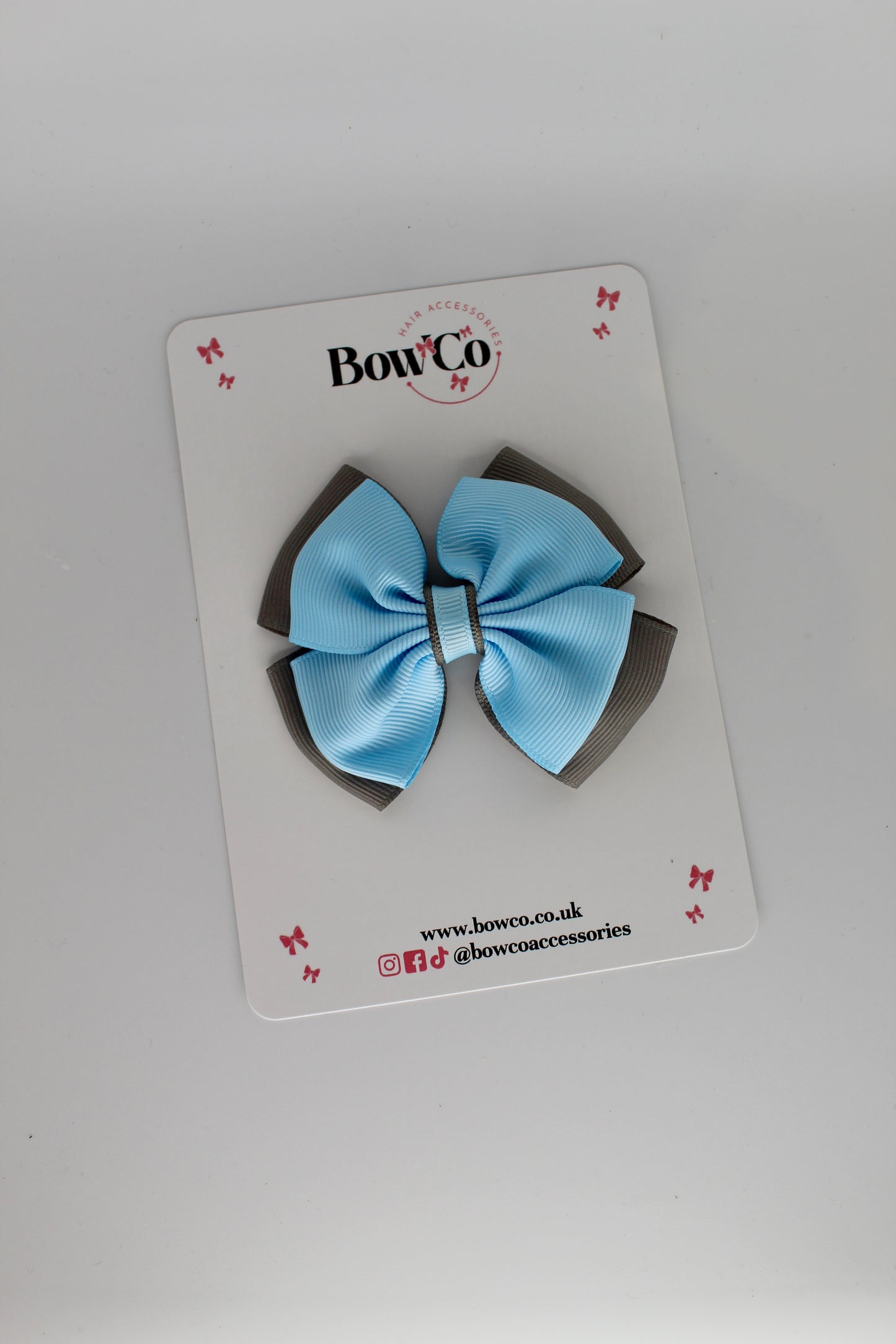 3 Inch Layer Edge Bow - Clip - Blue Topaz and Metal Grey