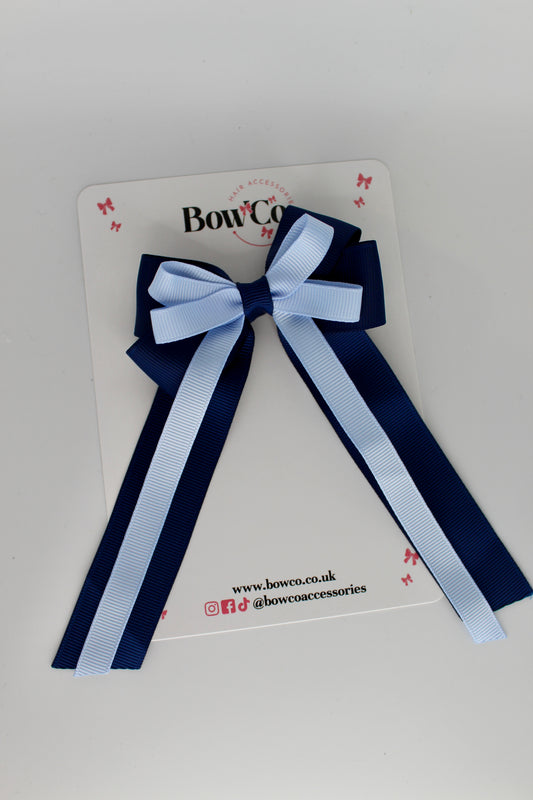 4 Inch Loop Bow Clip PonyTail - Navy Blue and Bluebell