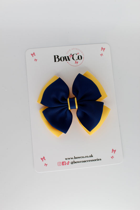 3 Inch Layer Edge Bow - Clip - Navy Blue and Yellow Gold