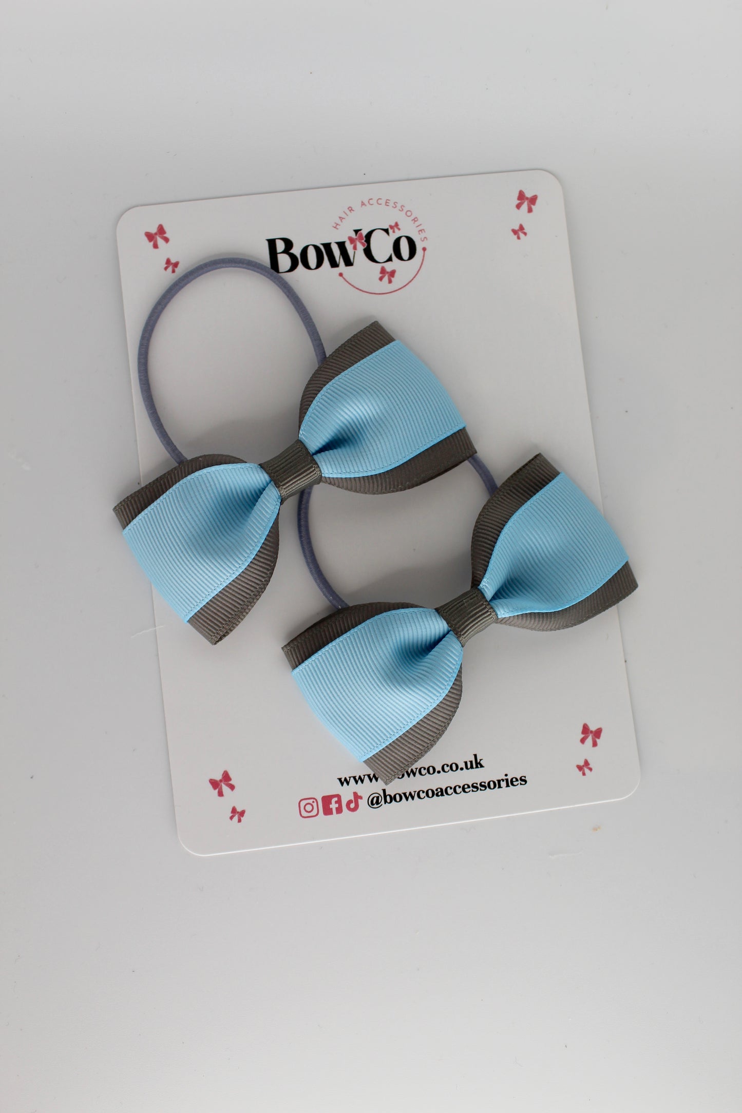 3 Inch Tuxedo Bow - Elastic - 2 Pack - Blue Topaz and Metal Grey