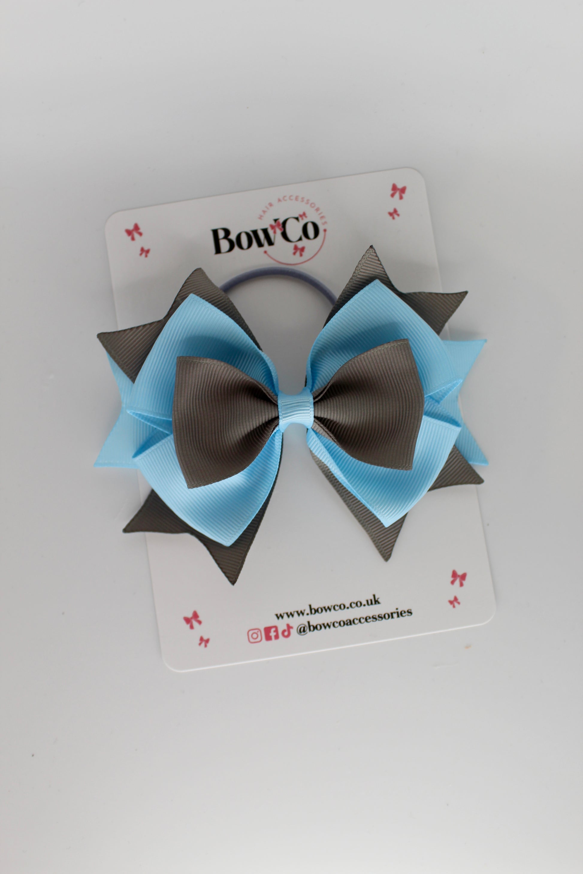 3.5 Inches Layer Bow - Elastic Bobble - Blue Topaz and Metal Grey