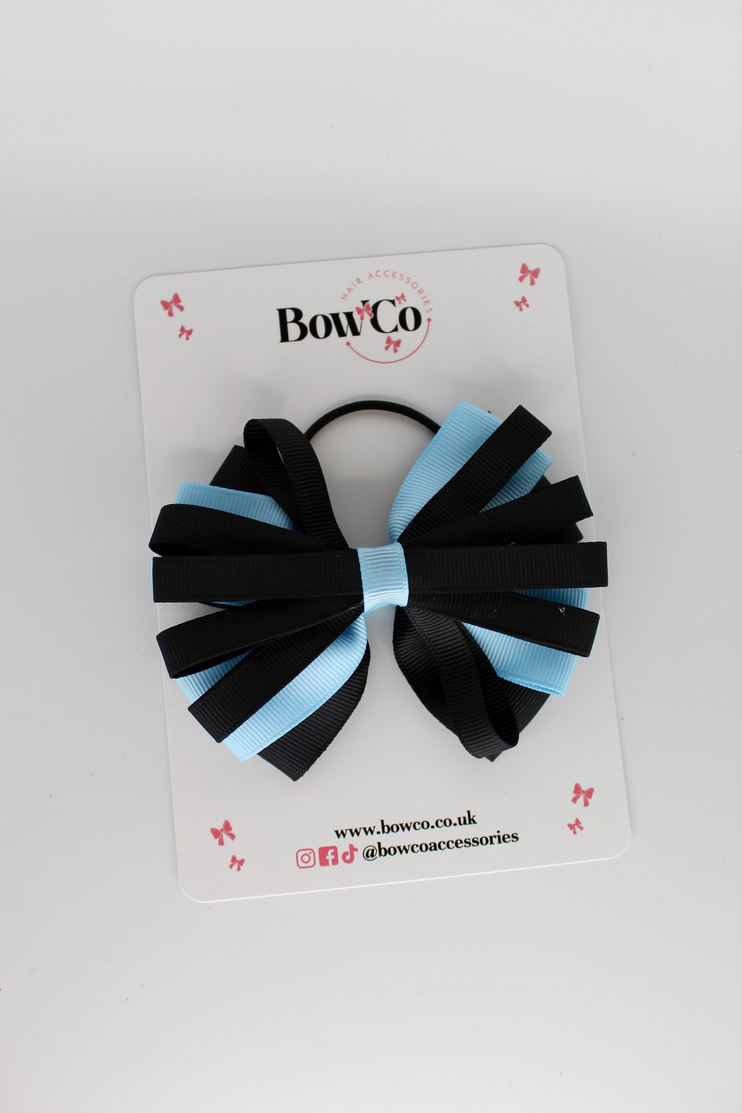 4 Inch Spiral Bow - Elastic Bobble - Black and Blue Topaz