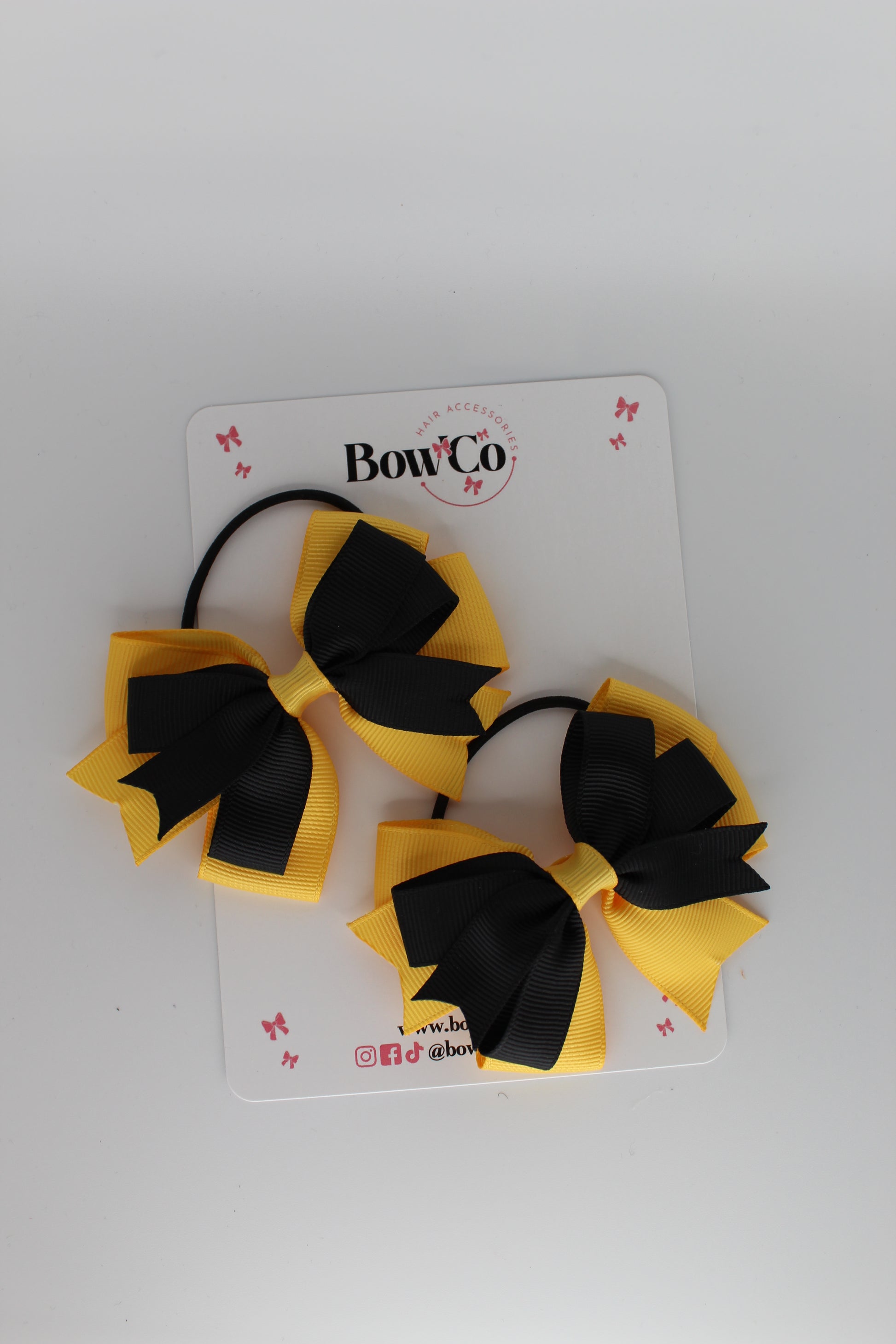 3 Inch Double Tail Bow - Elastic Bobble - 2 Pack - Black and Yellow Gold